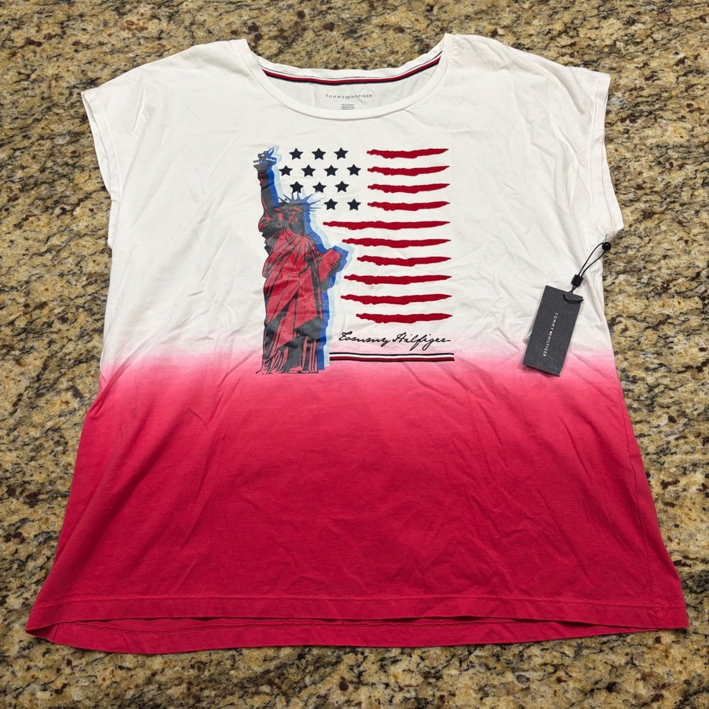 Tommy Hilfiger Womens XL Statue of Liberty Flag Ombre Graphic Tee White Red ws